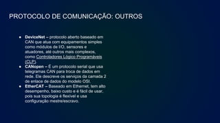 PROTOCOLO DE COMUNICAÇÃO: OUTROS
● DeviceNet – protocolo aberto baseado em
CAN que atua com equipamentos simples
como módulos de I/O, sensores e
atuadores, até outros mais complexos,
como Controladores Lógico Programáveis
(CLP).
● CANopen – É um protocolo serial que usa
telegramas CAN para troca de dados em
rede. Ele descreve os serviços da camada 2
de enlace de dados do modelo OSI.
● EtherCAT – Baseado em Ethernet, tem alto
desempenho, baixo custo e é fácil de usar,
pois sua topologia é flexível e usa
configuração mestre/escravo.
 