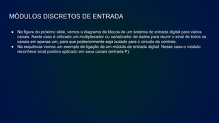 MÓDULOS DISCRETOS DE ENTRADA
● Na figura do próximo slide, vemos o diagrama de blocos de um sistema de entrada digital para vários
canais. Neste caso é utilizado um multiplexador ou serializador de dados para reunir o sinal de todos os
canais em apenas um, para que posteriormente seja isolado para o circuito de controle.
● Na sequência vemos um exemplo de ligação de um módulo de entrada digital. Nesse caso o módulo
reconhece sinal positivo aplicado em seus canais (entrada P).
 