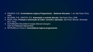 ● FRANCHI, C.M., Controladores Lógicos Programáveis – Sistemas Discretos. 1. ed. São Paulo: Érica,
2008.
● SILVEIRA, P.R., SANTOS, W.E. Automação e controle discreto. São Paulo: Érica, 2008
● RUSH, Peter. Proteção e automação de redes: conceito e aplicação. São Paulo: Blucher: Schneider,
2011. 521p.
● AUTOMAÇÃO APLICADA 5ª edição (Marcelo Georgini)
COP AUTOMAÇÃO INDUSTRIAL
● PETRUZELLA, Frank D. Controladores lógicos programáveis.
 