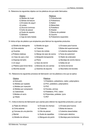 Los Plásticos. Actividades
IES Bellavista. Tecnología 2
8.- Relaciona los siguientes objetos con los plásticos de que está...