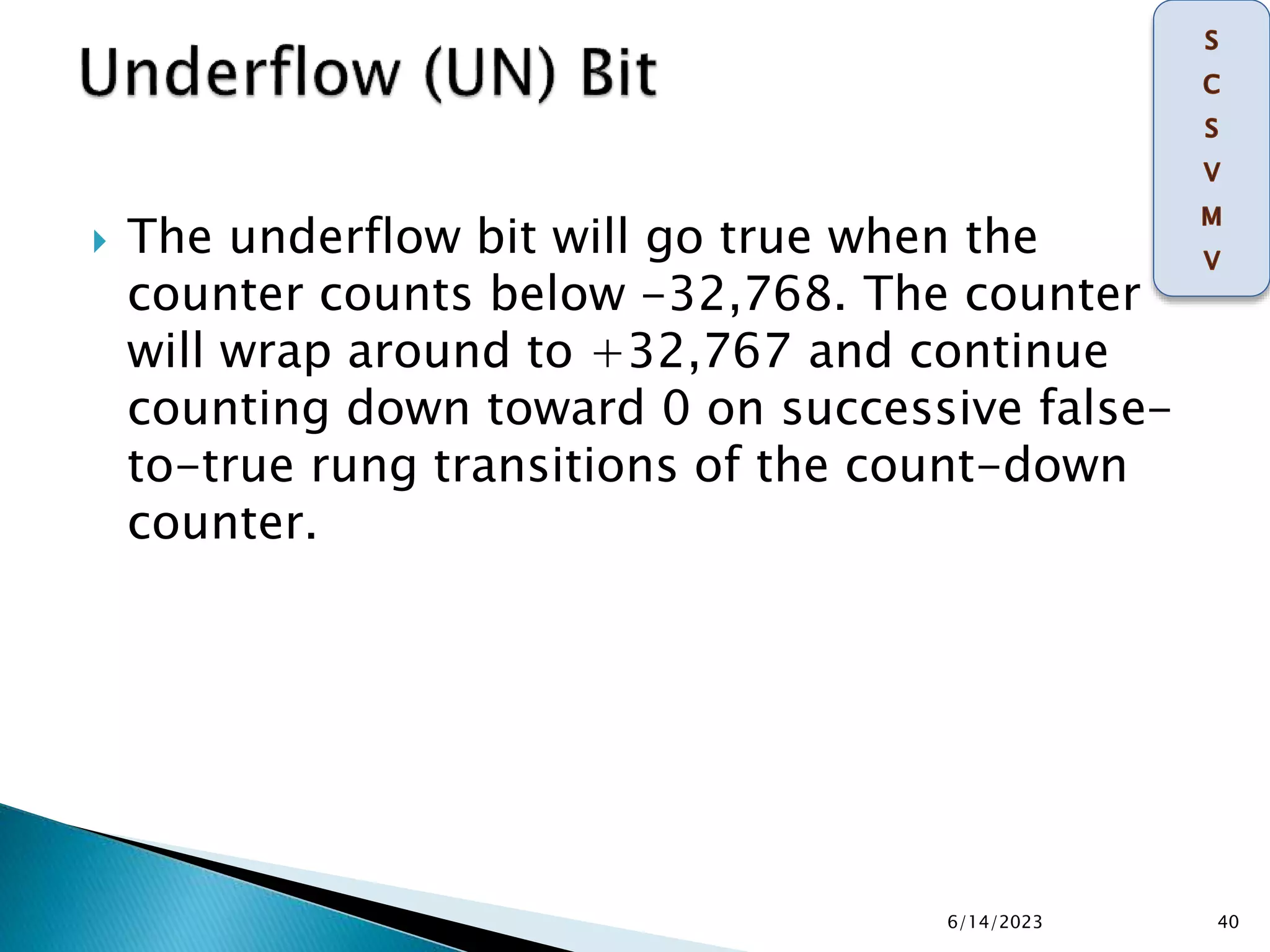  The underflow bit will go true when the
counter counts below -32,768. The counter
will wrap around to +32,767 and continue
counting down toward 0 on successive false-
to-true rung transitions of the count-down
counter.
6/14/2023 40
 