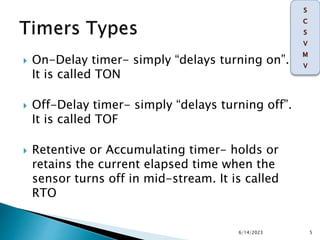  On-Delay timer- simply “delays turning on”.
It is called TON
 Off-Delay timer- simply “delays turning off”.
It is called TOF
 Retentive or Accumulating timer- holds or
retains the current elapsed time when the
sensor turns off in mid-stream. It is called
RTO
6/14/2023 5
 