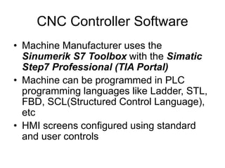 CNC Controller Software
• Machine Manufacturer uses the
Sinumerik S7 Toolbox with the Simatic
Step7 Professional (TIA Port...