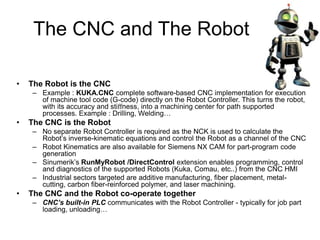 The CNC and The Robot
• The Robot is the CNC
– Example : KUKA.CNC complete software-based CNC implementation for execution...