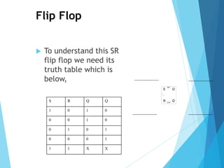 Flip Flop
 To understand this SR
flip flop we need its
truth table which is
below,
Q
Q
SET
CLR
S
RS R Q Q
1 0 1 0
0 0 1 0
0 1 0 1
0 0 0 1
1 1 X X
 