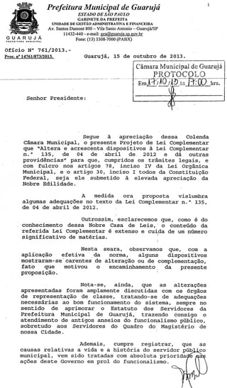 Projeto de Lei Complementar com Alterações à Lei 135 - Plano de Carreira - PM de Guarujá