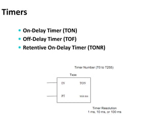 Timers
 On-Delay Timer (TON)
 Off-Delay Timer (TOF)
 Retentive On-Delay Timer (TONR)
 