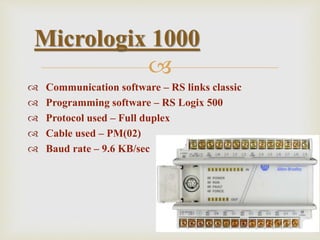 
 Communication software – RS links classic
 Programming software – RS Logix 500
 Protocol used – Full duplex
 Cable used – PM(02)
 Baud rate – 9.6 KB/sec
Micrologix 1000
 