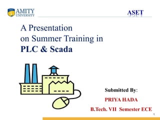 Name of Institution
1
Submitted By:
PRIYA HADA
B.Tech. VII Semester ECE
A Presentation
on Summer Training in
PLC & Scada
 