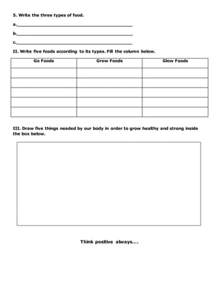 5. Write the three types of food.
a._________________________________________
b._________________________________________
c._________________________________________
II. Write five foods according to its types. Fill the column below.
Go Foods Grow Foods Glow Foods
III. Draw five things needed by our body in order to grow healthy and strong inside
the box below.
Think positive always….
 