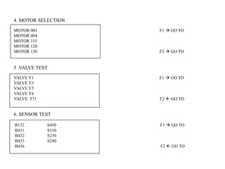 4. MOTOR SELECTION
MOTOR 003 F1  GO TO
MOTOR 004
MOTOR 115
MOTOR 120
MOTOR 130 F2  GO TO
5 .VALVE TEST
VALVE Y1 F1  GO TO
VALVE Y3
VALVE Y5
VALVE Y6
VALVE 571 F2  GO TO
6. SENSOR TEST
B132 S450 F1  GO TO
B431 S110
B432 S230
B433 S240
B436 F2  GO TO
 