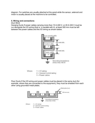 diagram. For switches are usually attached at the panel while the sensor, selenoid and
motor is usually placed at the machine to be controlled.
5. Wiring and connections
Duct Work
Hanging Ducts If power cables carrying more than 10 A 400 V, or 20 A 220 V must be
run alongside the I/O wiring (that is, in parallel with it), at least 300 mm must be left
between the power cables and the I/O wiring as shown below.
Floor Ducts If the I/O wiring and power cables must be placed in the same duct (for
example, where they are connected to the equipment), they must be shielded from each
other using grounded metal plates.
 