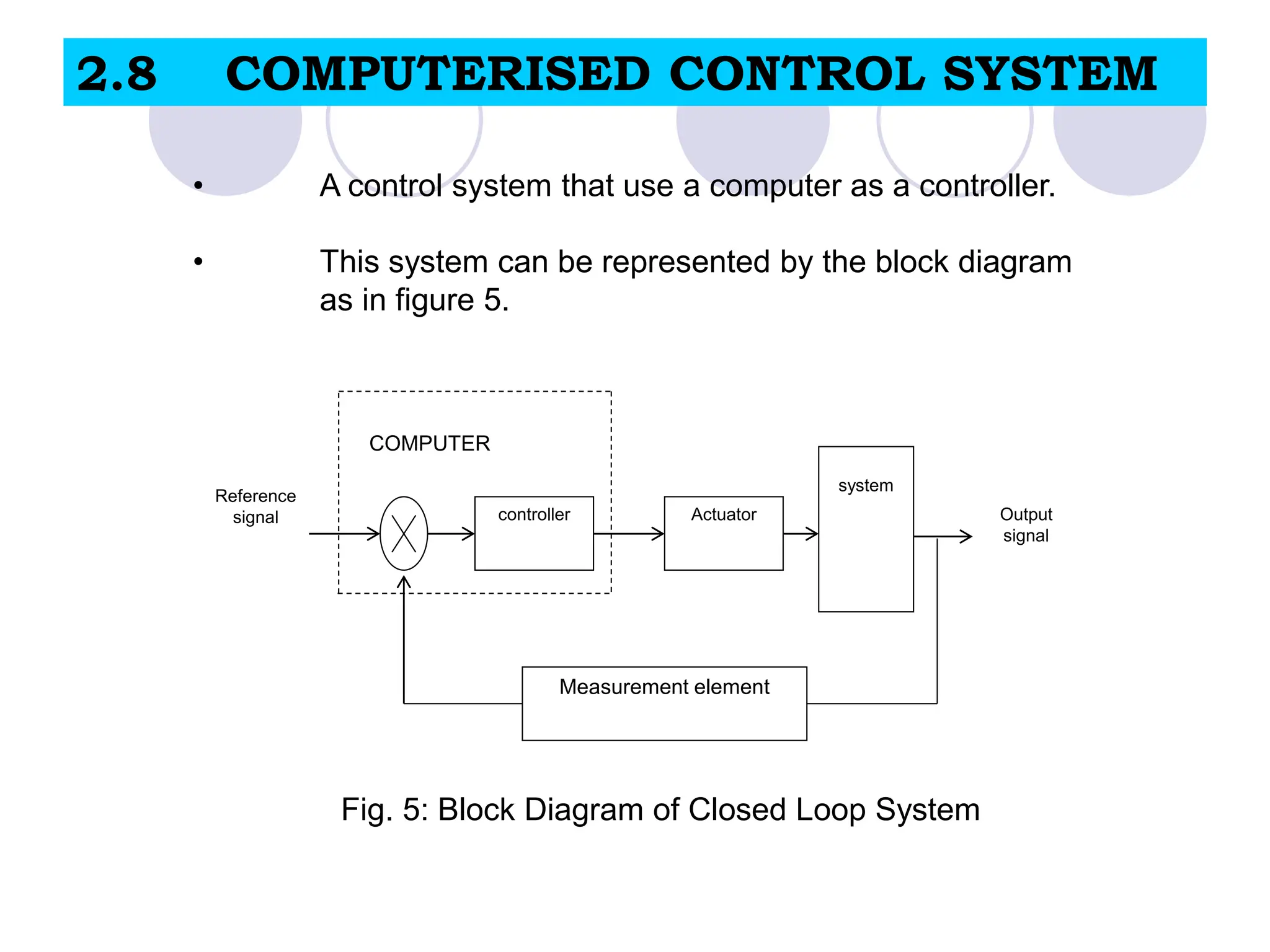 2.8 COMPUTERISED CONTROL SYSTEM
Reference
signal controller Actuator
system
Output
signal
COMPUTER
Measurement element
Fig. 5: Block Diagram of Closed Loop System
• A control system that use a computer as a controller.
• This system can be represented by the block diagram
as in figure 5.
 