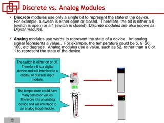 Discrete vs. Analog Modules
• Discrete modules use only a single bit to represent the state of the device.
For example, a switch is either open or closed. Therefore, the bit is either a 0
(switch is open) or a 1 (switch is closed). Discrete modules are also known as
Digital modules.
• Analog modules use words to represent the state of a device. An analog
signal represents a value.. For example, the temperature could be 5, 9, 20,
100, etc degrees. Analog modules use a value, such as 52, rather than a 0 or
1 to represent the state of the device.
The switch is either on or off.
Therefore it is a digital
device and will interface to a
digital, or discrete input
module.
The temperature could have
many states or values.
Therefore it is an analog
device and will interface to
an analog input module.
DC Input
Analog Input
 