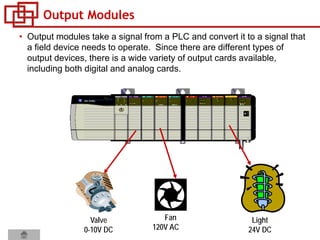 Output Modules
• Output modules take a signal from a PLC and convert it to a signal that
a field device needs to operate. Since there are different types of
output devices, there is a wide variety of output cards available,
including both digital and analog cards.
Fan
120V AC
Light
24V DC
Valve
0-10V DC
 