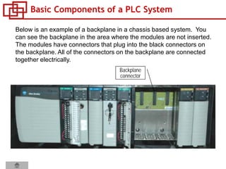 Basic Components of a PLC System
Below is an example of a backplane in a chassis based system. You
can see the backplane in the area where the modules are not inserted.
The modules have connectors that plug into the black connectors on
the backplane. All of the connectors on the backplane are connected
together electrically.
Backplane
connector
 