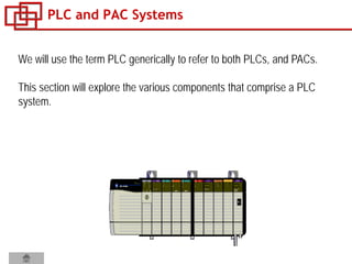 PLC and PAC Systems
We will use the term PLC generically to refer to both PLCs, and PACs.
This section will explore the various components that comprise a PLC
system.
 