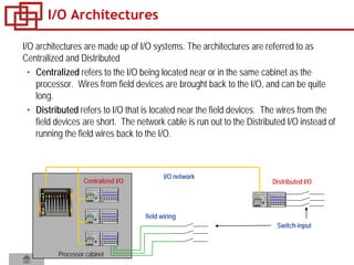 I/O Architectures
I/O architectures are made up of I/O systems. The architectures are referred to as
Centralized and Distributed
• Centralized refers to the I/O being located near or in the same cabinet as the
processor. Wires from field devices are brought back to the I/O, and can be quite
long.
• Distributed refers to I/O that is located near the field devices. The wires from the
field devices are short. The network cable is run out to the Distributed I/O instead of
running the field wires back to the I/O.
Switch-input
Processor cabinet
Centralized I/O Distributed I/O
field wiring
I/O network
 