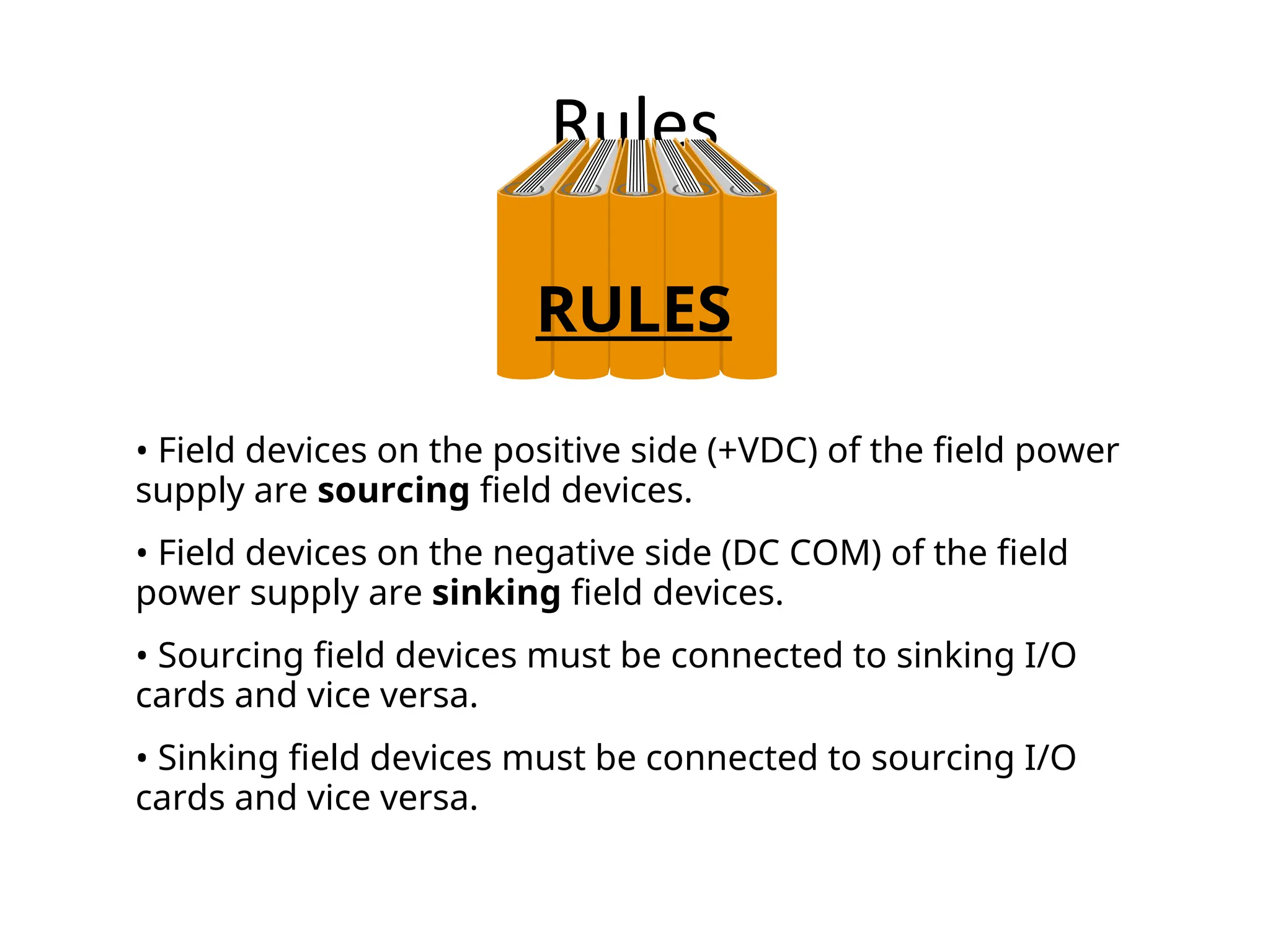 Rules
• Field devices on the positive side (+VDC) of the field power
supply are sourcing field devices.
• Field devices on the negative side (DC COM) of the field
power supply are sinking field devices.
• Sourcing field devices must be connected to sinking I/O
cards and vice versa.
• Sinking field devices must be connected to sourcing I/O
cards and vice versa.
RULES
 