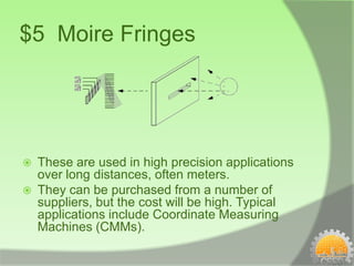 $5 Moire Fringes




   These are used in high precision applications
    over long distances, often meters.
   They can be purchased from a number of
    suppliers, but the cost will be high. Typical
    applications include Coordinate Measuring
    Machines (CMMs).
 