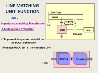 LINE MATCHING
   UNIT FUNCTION                            Line Trap

        LMU =
                                                        Coupling
impedance matching Transformer        s/s               Capacitor

+ high voltage Protection                           LMU                          PLC
                                                                  Coaxial

 To prevent dangerous potential on
        the PLCC connection

To match PLCC set & transmission Line



                                                   Matching   +     Protection

                                  LMU

                                                                                   10
 