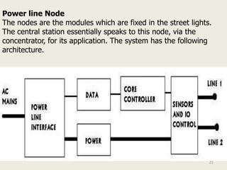 Power line Node
The nodes are the modules which are fixed in the street lights.
The central station essentially speaks to this node, via the
concentrator, for its application. The system has the following
architecture.




                                                              21
 