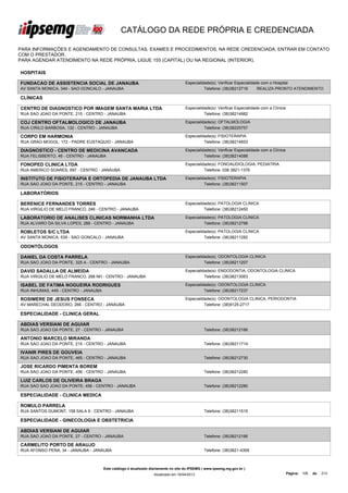 CATÁLOGO DA REDE PRÓPRIA E CREDENCIADA

PARA INFORMAÇÕES E AGENDAMENTO DE CONSULTAS, EXAMES E PROCEDIMENTOS, NA REDE CREDENCIADA, ENTRAR EM CONTATO
COM O PRESTADOR.
PARA AGENDAR ATENDIMENTO NA REDE PRÓPRIA, LIGUE 155 (CAPITAL) OU NA REGIONAL (INTERIOR).

HOSPITAIS

FUNDACAO DE ASSISTENCIA SOCIAL DE JANAUBA                                           Especialidade(s): Verificar Especialidade com o Hospital
AV SANTA MONICA, 349 - SAO GONCALO - JANAUBA                                                  Telefone: (38)38212716        REALIZA PRONTO ATENDIMENTO

CLÍNICAS

CENTRO DE DIAGNOSTICO POR IMAGEM SANTA MARIA LTDA                                   Especialidade(s): Verificar Especialidade com a Clínica
RUA SAO JOAO DA PONTE, 215 - CENTRO - JANAUBA                                                 Telefone: (38)38214982

COJ CENTRO OFTALMOLOGICO DE JANAUBA                                                 Especialidade(s): OFTALMOLOGIA
RUA CIRILO BARBOSA, 132 - CENTRO - JANAUBA                                                    Telefone: (38)38225757

CORPO EM HARMONIA                                                                   Especialidade(s): FISIOTERAPIA
RUA GRAO MOGOL, 172 - PADRE EUSTAQUIO - JANAUBA                                               Telefone: (38)38214653

DIAGNOSTICO - CENTRO DE MEDICINA AVANCADA                                           Especialidade(s): Verificar Especialidade com a Clínica
RUA FELISBERTO, 46 - CENTRO - JANAUBA                                                         Telefone: (38)38214088

FONOPED CLINICA LTDA                                                                Especialidade(s): FONOAUDIOLOGIA, PEDIATRIA
RUA AMERICO SOARES, 697 - CENTRO - JANAUBA                                                    Telefone: 038 3821-1376

INSTITUTO DE FISIOTERAPIA E ORTOPEDIA DE JANAUBA LTDA                               Especialidade(s): FISIOTERAPIA
RUA SAO JOAO DA PONTE, 215 - CENTRO - JANAUBA                                                 Telefone: (38)38211507

LABORATÓRIOS

BERENICE FERNANDES TORRES                                                           Especialidade(s): PATOLOGIA CLINICA
RUA VIRGILIO DE MELO FRANCO, 246 - CENTRO - JANAUBA                                           Telefone: (38)38212450

LABORATORIO DE ANALISES CLINICAS NORMANHA LTDA                                      Especialidade(s): PATOLOGIA CLINICA
RUA ALVARO DA SILVA LOPES, 288 - CENTRO - JANAUBA                                             Telefone: (38)38212798

ROBLETOS S/C LTDA                                                                   Especialidade(s): PATOLOGIA CLINICA
AV SANTA MONICA, 539 - SAO GONCALO - JANAUBA                                                  Telefone: (38)38211282

ODONTÓLOGOS

DANIEL DA COSTA PARRELA                                                             Especialidade(s): ODONTOLOGIA CLINICA
RUA SAO JOAO DA PONTE, 325 A - CENTRO - JANAUBA                                               Telefone: (38)38211207

DAVID SADALLA DE ALMEIDA                                                            Especialidade(s): ENDODONTIA, ODONTOLOGIA CLINICA
RUA VIRGILIO DE MELO FRANCO, 288 NH - CENTRO - JANAUBA                                        Telefone: (38)38213063

ISABEL DE FATIMA NOGUEIRA RODRIGUES                                                 Especialidade(s): ODONTOLOGIA CLINICA
RUA INHUMAS, 449 - CENTRO - JANAUBA                                                           Telefone: (38)38217237

ROSIMERE DE JESUS FONSECA                                                           Especialidade(s): ODONTOLOGIA CLINICA, PERIODONTIA
AV MARECHAL DEODORO, 266 - CENTRO - JANAUBA                                                   Telefone: (38)9125-2717

ESPECIALIDADE - CLINICA GERAL

ABDIAS VERSIANI DE AGUIAR
RUA SAO JOAO DA PONTE, 27 - CENTRO - JANAUBA                                                   Telefone: (38)38212166

ANTONIO MARCELO MIRANDA
RUA SAO JOAO DA PONTE, 215 - CENTRO - JANAUBA                                                  Telefone: (38)38211714

IVANIR PIRES DE GOUVEIA
RUA SAO JOAO DA PONTE, 465 - CENTRO - JANAUBA                                                  Telefone: (38)38212730

JOSE RICARDO PIMENTA BOREM
RUA SAO JOAO DA PONTE, 456 - CENTRO - JANAUBA                                                  Telefone: (38)38212280

LUIZ CARLOS DE OLIVEIRA BRAGA
RUA SAO SAO JOAO DA PONTE, 456 - CENTRO - JANAUBA                                              Telefone: (38)38212280

ESPECIALIDADE - CLINICA MEDICA

ROMULO PARRELA
RUA SANTOS DUMONT, 158 SALA 9 - CENTRO - JANAUBA                                               Telefone: (38)38211515

ESPECIALIDADE - GINECOLOGIA E OBSTETRICIA

ABDIAS VERSIANI DE AGUIAR
RUA SAO JOAO DA PONTE, 27 - CENTRO - JANAUBA                                                   Telefone: (38)38212166

CARMELITO PORTO DE ARAUJO
RUA AFONSO PENA, 34 - JANAUBA - JANAUBA                                                        Telefone: (38)3821-4309



                                      Este catálogo é atualizado diariamente no site do IPSEMG ( www.ipsemg.mg.gov.br )
                                                                  Atualizado em 16/04/2013                                                    Página: 108   de   214
 