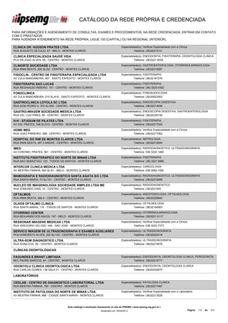CATÁLOGO DA REDE PRÓPRIA E CREDENCIADA

PARA INFORMAÇÕES E AGENDAMENTO DE CONSULTAS, EXAMES E PROCEDIMENTOS, NA REDE CREDENCIADA, ENTRAR EM CONTATO
COM O PRESTADOR.
PARA AGENDAR ATENDIMENTO NA REDE PRÓPRIA, LIGUE 155 (CAPITAL) OU NA REGIONAL (INTERIOR).

CLINICA DR. HUDSON PRATES LTDA                                                    Especialidade(s): Verificar Especialidade com a Clínica
RUA AUGUSTO GETULIO, 67 - MELO - MONTES CLAROS                                              Telefone: (38)32213141

CLINICA ESPECIALIZADA SAUDE VIDA                                                  Especialidade(s): ENDODONTIA, FISIOTERAPIA, ODONTOLOGIA CLINICA
PCA DR.JOAO ALVES, 08 - CENTRO - MONTES CLAROS                                              Telefone: (38)3221-8335

CLINORTE SOCIEDADE LTDA                                                           Especialidade(s): GASTROENTEROLOGIA, OTORRINOLARINGOLOGIA
RUA IRMA BEATA, 200 SL/02 - CENTRO - MONTES CLAROS                                          Telefone: (38)32219287

FISIOCLIN - CENTRO DE FISIOTERAPIA ESPECIALIZADA LTDA                             Especialidade(s): FISIOTERAPIA
AV CULA MANGABEIRA, 467 - SANTO EXPEDITO - MONTES CLAROS                                    Telefone: (38)32167276

FISIOTERAPIA SAO LUCAS                                                            Especialidade(s): FISIOTERAPIA
RUA REGINALDO RIBEIRO, 151 - CENTRO - MONTES CLAROS                                         Telefone: (38) 3223-4302

FONOCLINICA                                                                       Especialidade(s): FONOAUDIOLOGIA
AV CULA MANGABEIRA, 210 SL/418 - SANTO EXPEDITO - MONTES CLAROS                             Telefone: (38)30822902

GASTROCLINICA LOYOLA SC LTDA                                                      Especialidade(s): ENDOSCOPIA DIGESTIVA
RUA DOM PEDRO II, 370 SL/305 - CENTRO - MONTES CLAROS                                       Telefone: (38)32213636

GASTRO-IMAGEM SOCIEDADE MEDICA LTDA                                               Especialidade(s): ENDOSCOPIA DIGESTIVA, GASTROENTEROLOGIA
RUA CEL LUIZ PIRES, 84 - CENTRO - MONTES CLAROS                                             Telefone: (38)32235149

H-H - STUDIUM DE PILATES LTDA                                                     Especialidade(s): FISIOTERAPIA
AV CEL PRATES, 348 SL/913 - CENTRO - MONTES CLAROS                                          Telefone: (38)32217045

HOME MED                                                                          Especialidade(s): Verificar Especialidade com a Clínica
RUA JOAO PINHEIRO, 398 - CENTRO - MONTES CLAROS                                             Telefone: (38)32217062

HOSPITAL DO RIM DE MONTES CLAROS LTDA                                             Especialidade(s): NEFROLOGIA
RUA IRMA BEATA, 467 3 ANDAR - CENTRO - MONTES CLAROS                                        Telefone: (38)32212600

IMED                                                                              Especialidade(s): RADIODIAGNOSTICO, ULTRASSONOGRAFIA
AV CORONEL PRATES, 361 - CENTRO - MONTES CLAROS                                             Telefone: 038 3222-1465

INSTITUTO FISIOTERAPICO DO NORTE DE MINAS LTDA                                    Especialidade(s): FISIOTERAPIA
RUA SAO SEBASTIAO, 123 - TODOS OS SANTOS - MONTES CLAROS                                    Telefone: (38) 3221 8966

INTERCOR CLINICA MEDICA LTDA                                                      Especialidade(s): CARDIOLOGIA
AV MESTRA FININHA, 920 SL/01 - MELO - MONTES CLAROS                                         Telefone: 038 3082-1000

MAMOGRAFIA E RADIODIAGNOSTICO SANTA AGATA S/C LTDA                                Especialidade(s): RADIODIAGNOSTICO, ULTRASSONOGRAFIA
RUA SANTA MARIA, 73 SL/101 - CENTRO - MONTES CLAROS                                         Telefone: (38)32216268

NUCLEO DE IMAGENOLOGIA SOCIEDADE SIMPLES LTDA ME                                  Especialidade(s): RADIODIAGNOSTICO
RUA EDMUNDO DIAS, 10 - CENTRO - MONTES CLAROS                                               Telefone: (38)3221005

OFTALMOS                                                                          Especialidade(s): ANESTESIOLOGIA, OFTALMOLOGIA
RUA IRMA BEATA, 385 A - CENTRO - MONTES CLAROS                                              Telefone: (38)32228840

OLHOS OFTALMO CLINICA                                                             Especialidade(s): OFTALMOLOGIA
RUA SANTA MARIA, 118 - TODOS OS SANTOS - MONTES CLAROS                                      Telefone: (38)32160663

OTORRINO CENTER                                                                   Especialidade(s): OTORRINOLARINGOLOGIA
RUA BENJAMIM DOS ANJOS, 747 - MELO - MONTES CLAROS                                          Telefone: (38)3221 5117

RESSONAR IMAGENS MEDICAS LTDA                                                     Especialidade(s): Verificar Especialidade com a Clínica
RUA GREGORIO VELOSO, 446 - SAO JOSE - MONTES CLAROS                                         Telefone: 038 3222-7373

SERVICO IMAGEM DE ULTRASONOGRAFIA E EXAMES AUXILIARES                             Especialidade(s): ULTRASSONOGRAFIA
LTDA
PCA HONORATO ALVES, 200 SL/103 - CENTRO - MONTES CLAROS                                     Telefone: (38)32222418

ULTRA-SOM DIAGNOSTICO LTDA                                                        Especialidade(s): ULTRASSONOGRAFIA
RUA DONA EVA, 39 - CENTRO - MONTES CLAROS                                                   Telefone: (38)32215578

CLÍNICAS ODONTOLÓGICAS

FAGUNDES E BRANT LIMITADA                                                         Especialidade(s): ENDODONTIA, ODONTOLOGIA CLINICA, PERIODONTIA
BEC PADRE MARCOS, 44 - CENTRO - MONTES CLAROS                                               Telefone: (38)32219777

ODONTOLU CLINICA ODONTOLOGICA LTDA                                                Especialidade(s): ENDODONTIA, ODONTOLOGIA CLINICA
RUA CARLOS GOMES, 136 SALA 01 - CENTRO - MONTES CLAROS                                      Telefone: (38)32224575

LABORATÓRIOS

CEDLAB - CENTRO DE DIAGNOSTICO LABORATORIAL LTDA                                  Especialidade(s): PATOLOGIA CLINICA
RUA MESTRA FININHA, 765 - CENTRO - MONTES CLAROS                                            Telefone: (38)32217487

INSTITUTO DE PATOLOGIA DO NORTE DE MINAS LTDA                                     Especialidade(s): Verificar Especialidade com o Laboratório
AV MESTRA FININHA, 686 - CIDADE SANTA MARIA - MONTES CLAROS                                 Telefone: (38)32213526



                                    Este catálogo é atualizado diariamente no site do IPSEMG ( www.ipsemg.mg.gov.br )
                                                                Atualizado em 16/04/2013                                                    Página: 112   de   214
 