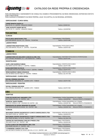 CATÁLOGO DA REDE PRÓPRIA E CREDENCIADA

PARA INFORMAÇÕES E AGENDAMENTO DE CONSULTAS, EXAMES E PROCEDIMENTOS, NA REDE CREDENCIADA, ENTRAR EM CONTATO
COM O PRESTADOR.
PARA AGENDAR ATENDIMENTO NA REDE PRÓPRIA, LIGUE 155 (CAPITAL) OU NA REGIONAL (INTERIOR).

ESPECIALIDADE - CLINICA GERAL

JORGE BIANCHI GAZOLLA
RUA PIO XII, 15 - CENTRO - SENADOR FIRMINO                                                      Telefone: 3235361234

JOSE AUGUSTO VIEIRA NETTO
RUA PIO XII, 15 - CENTRO - SENADOR FIRMINO                                                      Telefone: (32)35397900


TOCANTINS
CLÍNICAS

POLICLINICA MANTOVANI LTDA                                                           Especialidade(s): FISIOTERAPIA
RUA DOM MANOEL ROCHA, 31 B - CENTRO - TOCANTINS                                                Telefone: (32)35741889

LABORATÓRIOS

LABORATORIO MANTOVANI LTDA                                                           Especialidade(s): PATOLOGIA CLINICA
RUA DOM MANOEL ROCHA, 31 - CENTRO - TOCANTINS                                                  Telefone: (32)35741325


TOMBOS
LABORATÓRIOS

LABORATORIO DE ANALISES CLINICAS ALVIM LTDA                                          Especialidade(s): ANATOMIA PATOLOGICA E CITOPATOLOGIA
PCA CORONEL MAXIMIANO, 61 A - SAO SEBASTIAO - TOMBOS                                           Telefone: (32)37511607

ODONTÓLOGOS

AURO JOSE BARROS FUMIAN                                                              Especialidade(s): ODONTOLOGIA CLINICA
RUA MARIO DUAYER, 888 SL. A - CENTRO - TOMBOS                                                  Telefone: (32)37511084

DAISA MONTEIRO DA SILVA                                                              Especialidade(s): ODONTOLOGIA CLINICA
AV JUVENAL BATISTA DE ALMEIDA, 15 SL/01 - CENTRO - TOMBOS                                      Telefone: (32)37511616

IRENE BARROS FUMIAN VENANCIO                                                         Especialidade(s): ODONTOLOGIA CLINICA
RUA DR MARIO DUAYER, 888 SL.A - CENTRO - TOMBOS                                                Telefone: (32) 37511084

ESPECIALIDADE - CLINICA GERAL

ESTAEL PEREIRA DOS REIS
RUA CORONEL MAXIMIANO, 61 - QUEBRA COPO - TOMBOS                                                Telefone: (32)37511555

ESPECIALIDADE - PEDIATRIA

ESTAEL PEREIRA DOS REIS
RUA CORONEL MAXIMIANO, 61 - QUEBRA COPO - TOMBOS                                                Telefone: (32)37511555


UBA
HOSPITAIS

CASA DE SAUDE SAO JANUARIO LTDA                                                      Especialidade(s): Verificar Especialidade com o Hospital
RUA PADRE GAILHAC, 40 - CENTRO - UBA                                                           Telefone: (32)35397900        REALIZA PRONTO ATENDIMENTO

HOSPITAL SANTA ISABEL                                                                Especialidade(s): Verificar Especialidade com o Hospital
RUA FREI CORNELIO, 200 - LAURINDO DE CASTRO - UBA                                              Telefone: (32)35391188        REALIZA PRONTO ATENDIMENTO

IRMANDADE DE NOSSA SENHORA DA SAUDE                                                  Especialidade(s): Verificar Especialidade com o Hospital
RUA NOSSA SENHORA DA SAUDE, 165 - CENTRO - UBA                                                 Telefone: (32)3539-1544       REALIZA PRONTO ATENDIMENTO

CLÍNICAS

BIOCORDIS CENTRO DIAGNOSTICO CLINICO CARDIOLOGICO LTDA                               Especialidade(s): MEDICINA NUCLEAR
RUA SANTA CRUZ, 62 - CENTRO - UBA                                                              Telefone: (32)35327278

BIOCORDIS CENTRO DIAGNOSTICO CLINICO CARDIOLOGICO LTDA                               Especialidade(s): CARDIOLOGIA
RUA TREZE DE MAIO, 141 SL/1/2 - CENTRO - UBA                                                   Telefone: 032 3532-7278

CENTRO DE FISIOTERAPIA CARLOS E FROES LTDA                                           Especialidade(s): FISIOTERAPIA
RUA SANTA CRUZ, 232 - CENTRO - UBA                                                             Telefone: (32)35321294

CLIFIU-CLINICA DE FISIOTERAPIA UBA LTDA                                              Especialidade(s): FISIOTERAPIA
RUA PADRE GAILHAC, 81 - CENTRO - UBA                                                           Telefone: (32)35324433

F D MOREIRA JUNIOR E CIA LTDA                                                        Especialidade(s): FISIOTERAPIA
RUA ANTONIETA SOARES DE SOUZA LIMA, 69 LJ 21 E 23 - CENTRO - UBA                               Telefone: (32)35329161

                                       Este catálogo é atualizado diariamente no site do IPSEMG ( www.ipsemg.mg.gov.br )
                                                                   Atualizado em 16/04/2013                                          Página: 164   de   214
 