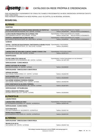 CATÁLOGO DA REDE PRÓPRIA E CREDENCIADA

PARA INFORMAÇÕES E AGENDAMENTO DE CONSULTAS, EXAMES E PROCEDIMENTOS, NA REDE CREDENCIADA, ENTRAR EM CONTATO
COM O PRESTADOR.
PARA AGENDAR ATENDIMENTO NA REDE PRÓPRIA, LIGUE 155 (CAPITAL) OU NA REGIONAL (INTERIOR).


REGIÃO SUL

ALFENAS
HOSPITAIS

CASA DE CARIDADE DE ALFENAS NOSSA SENHORA DO PERPETUO                              Especialidade(s): Verificar Especialidade com o Hospital
SOCORRO
PCA DR PEDRO MARTINS SIQUEIRA, 1616 - CENTRO - ALFENAS                                       Telefone: (35)3299-6464       REALIZA PRONTO ATENDIMENTO

CLINICA NEURO PSIQUIATRICA DE ALFENAS LTDA                                         Especialidade(s): Verificar Especialidade com o Hospital
RUA GUIMARAES ROSA, 99 - VISTA GRANDE - ALFENAS                                              Telefone: (35)3292 2390       REALIZA PRONTO ATENDIMENTO

HOSPITAL UNIVERSITARIO ALZIRA VELANO                                               Especialidade(s): Verificar Especialidade com o Hospital
RUA GERALDO FREITAS DA COSTA, 120 - CRUZ PRETA - ALFENAS                                     Telefone: (35)32993500        REALIZA PRONTO ATENDIMENTO

CLÍNICAS

CEFIRA - CENTRO DE EQUOTERAPIA, FISIOTERAPIA E REABILITACAO Especialidade(s): FISIOTERAPIA
DE ALFENAS LTDA
RUA GERALDO FREITAS DA COSTA , 377 - SAO LUCAS - ALFENAS              Telefone: (35)32926531

LABORATÓRIOS

LABORATORIO DE ANALISES CLINICAS LANDRE E DIOGO LTDA                               Especialidade(s): PATOLOGIA CLINICA
RUA MARTINS ALFENAS, 1648 - CENTRO - ALFENAS                                                 Telefone: (35)32913314

ODONTÓLOGOS

DALMO CAMILO DE CARVALHO                                                           Especialidade(s): Verificar Especialidade com o(a) Dentista(a)
RUA PRESIDENTE ARTUR BERNARDES, 686 - CENTRO - ALFENAS                                       Telefone: (35) 3291-3570

ESPECIALIDADE - CLINICA MEDICA

ARISIO CUSTODIO DE OLIVEIRA
RUA ADOLPHO ENGEL, 19 - CENTRO - ALFENAS                                                      Telefone: (35)32992500

ESPECIALIDADE - GINECOLOGIA E OBSTETRICIA

ADRIANA WAGNER
RUA CORONEL PEDRO CORREA, 474 - CENTRO - ALFENAS                                              Telefone: (35)32923706

ALEX SANDRO LEAO
RUA BIAS FORTES, 542 - CENTRO - ALFENAS                                                       Telefone: (35)32923639

GUILHERME HENRIQUE FERREIRA PEREIRA
RUA CORONEL PEDRO CORREA, 474 A - CENTRO - ALFENAS                                            Telefone: (35)32923706

JOSE CONSTANCIO DA SILVEIRA FERREIRA
PCA PRESIDENTE ARTUR BERNARDES, 686 - CENTRO - ALFENAS                                        Telefone: (35)32913570

ESPECIALIDADE - OFTALMOLOGIA

DANIELA MAGGIONI PEREIRA LEAO
RUA BIAS FORTES, 542 SL/34 - CENTRO - ALFENAS                                                 Telefone: (35)32923639


ALPINOPOLIS
LABORATÓRIOS

LABORATORIO OSWALDO CRUZ                                                           Especialidade(s): PATOLOGIA CLINICA
AV GOVERNADOR VALADARES, 515 - CENTRO - ALPINOPOLIS                                          Telefone: (35)35231426

ESPECIALIDADE - CLINICA GERAL

ELOI FARIA NETO
RUA SANTA BARBARA, 60 - SAO BENEDITO - ALPINOPOLIS                                            Telefone: (35)35231144

PEDRO PAULO RIBEIRO
RUA MONSENHOR JOAO PEDRO, 50 - CENTRO - ALPINOPOLIS                                           Telefone: (35)35231230


ALTEROSA
ESPECIALIDADE - GINECOLOGIA E OBSTETRICIA

MAURILIO DA SILVA
RUA GUARANI, 446 - CENTRO - ALTEROSA                                                          Telefone: (35)3294-1322


                                     Este catálogo é atualizado diariamente no site do IPSEMG ( www.ipsemg.mg.gov.br )
                                                                 Atualizado em 16/04/2013                                                 Página: 168   de   214
 