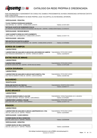 CATÁLOGO DA REDE PRÓPRIA E CREDENCIADA

PARA INFORMAÇÕES E AGENDAMENTO DE CONSULTAS, EXAMES E PROCEDIMENTOS, NA REDE CREDENCIADA, ENTRAR EM CONTATO
COM O PRESTADOR.
PARA AGENDAR ATENDIMENTO NA REDE PRÓPRIA, LIGUE 155 (CAPITAL) OU NA REGIONAL (INTERIOR).

ESPECIALIDADE - PEDIATRIA

FLAVIA THEREZA RODRIGUES BARBOSA
RUA SANTANA, 123 - CENTRO - CONSELHEIRO LAFAIETE                                             Telefone: (31)3721-6401

NATHALIE JULIETA DE GUIMARAES E SILVA
AV PREFEITO TELESFORO CANDIDO DE REZENDE, 550 SALA 901 - CENTRO - CONSELHEIROTelefone: (31)37633161

ESPECIALIDADE - REVISOR MEDICO

JANE ELIZABETH VIEIRA DA COSTA SARMENTO
RUA PYRAMO, 78 - SAO SEBASTIAO - CONSELHEIRO LAFAIETE                                        Telefone: (31)37211119

ESPECIALIDADE - UROLOGIA

WELINGTON DOS SANTOS ALMEIDA
RUA TELESFORO CANDICO DE RESENDE, 100 - CENTRO - CONSELHEIRO LAFAIETE                        Telefone: (31)37635852


DORES DE CAMPOS
LABORATÓRIOS

LABORATORIO DE ANALISES CLINICAS BIO-JOR DORES DE CAMPOS                          Especialidade(s): PATOLOGIA CLINICA
LTDA
RUA FRANCISCO BERNARDES, 314 - CENTRO - DORES DE CAMPOS                                     Telefone: (32)33532518


ENTRE RIOS DE MINAS
LABORATÓRIOS

LABORATORIO BIOMED                                                                Especialidade(s): PATOLOGIA CLINICA
AV MAJOR JUSCELINO, 934 - CENTRO - ENTRE RIOS DE MINAS                                      Telefone: (31)37512396


LAGOA DOURADA
LABORATÓRIOS

LABORATORIO DE ANALISES CLINICAS SANTA MARTA LTDA                                 Especialidade(s): PATOLOGIA CLINICA
RUA TIMOTEO BARRETO FARIA, 65 - CENTRO - LAGOA DOURADA                                      Telefone: (32)33631462


NAZARENO
ODONTÓLOGOS

ROSILANE BATISTA DE FREITAS                                                       Especialidade(s): ODONTOLOGIA CLINICA
PCA DOM SILVERIO, 37 - CENTRO - NAZARENO                                                    Telefone: (35)38421171


OURO BRANCO
LABORATÓRIOS

HAROLDO MARCIO RABELO LEAO ME                                                     Especialidade(s): Verificar Especialidade com o Laboratório
RUA SANTO ANTONIO, 146 SL/08 - CENTRO - OURO BRANCO                                         Telefone: (31)37422951

LABORATORIO LACERDA LTDA-ME                                                       Especialidade(s): PATOLOGIA CLINICA
RUA JOAO XXIII, 445 - CENTRO - OURO BRANCO                                                  Telefone: (31)37411119


PRADOS
LABORATÓRIOS

LABORATORIO DE ANALISES CLINICAS LABOPRADOS S/C LTDA                              Especialidade(s): PATOLOGIA CLINICA
RUA CEL JOAO LUIZ, 95 - CENTRO - PRADOS                                                     Telefone: (32)33536591

ESPECIALIDADE - CLINICA MEDICA

CARMEN MARIA DE MELO HEIMOVSKI
RUA CEL JOAO LUIZ, 61 - CENTRO - PRADOS                                                      Telefone: (32)33536399

ESPECIALIDADE - GERIATRIA

CARMEN MARIA DE MELO HEIMOVSKI
RUA CEL JOAO LUIZ, 61 - CENTRO - PRADOS                                                      Telefone: (32)33536399


                                    Este catálogo é atualizado diariamente no site do IPSEMG ( www.ipsemg.mg.gov.br )
                                                                Atualizado em 16/04/2013                                                Página:   65   de   214
 