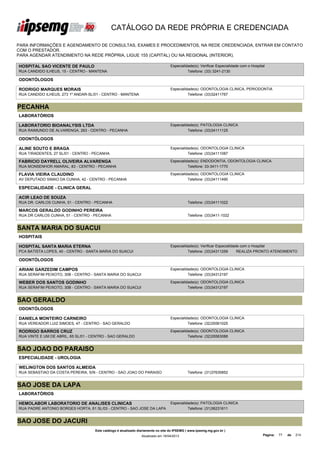CATÁLOGO DA REDE PRÓPRIA E CREDENCIADA

PARA INFORMAÇÕES E AGENDAMENTO DE CONSULTAS, EXAMES E PROCEDIMENTOS, NA REDE CREDENCIADA, ENTRAR EM CONTATO
COM O PRESTADOR.
PARA AGENDAR ATENDIMENTO NA REDE PRÓPRIA, LIGUE 155 (CAPITAL) OU NA REGIONAL (INTERIOR).

HOSPITAL SAO VICENTE DE PAULO                                                     Especialidade(s): Verificar Especialidade com o Hospital
RUA CANDIDO ILHEUS, 15 - CENTRO - MANTENA                                                   Telefone: (33) 3241-2130

ODONTÓLOGOS

RODRIGO MARQUES MORAIS                                                            Especialidade(s): ODONTOLOGIA CLINICA, PERIODONTIA
RUA CANDIDO ILHEUS, 273 1º ANDAR-SL/01 - CENTRO - MANTENA                                   Telefone: (33)32411767


PECANHA
LABORATÓRIOS

LABORATORIO BIOANALYSIS LTDA                                                      Especialidade(s): PATOLOGIA CLINICA
RUA RAIMUNDO DE ALVARENGA, 263 - CENTRO - PECANHA                                           Telefone: (33)34111125

ODONTÓLOGOS

ALINE SOUTO E BRAGA                                                               Especialidade(s): ODONTOLOGIA CLINICA
RUA TIRADENTES, 27 SL/01 - CENTRO - PECANHA                                                 Telefone: (33)34111087

FABRICIO DAYRELL OLIVEIRA ALVARENGA                                               Especialidade(s): ENDODONTIA, ODONTOLOGIA CLINICA
RUA MONSENHOR AMARAL, 83 - CENTRO - PECANHA                                                 Telefone: 33-3411-1770

FLAVIA VIEIRA CLAUDINO                                                            Especialidade(s): ODONTOLOGIA CLINICA
AV DEPUTADO SIMAO DA CUNHA, 42 - CENTRO - PECANHA                                           Telefone: (33)34111490

ESPECIALIDADE - CLINICA GERAL

ACIR LEAO DE SOUZA
RUA DR. CARLOS CUNHA, 51 - CENTRO - PECANHA                                                  Telefone: (33)34111022

MARCOS GERALDO GODINHO PEREIRA
RUA DR CARLOS CUNHA, 51 - CENTRO - PECANHA                                                   Telefone: (33)3411-1022


SANTA MARIA DO SUACUI
HOSPITAIS

HOSPITAL SANTA MARIA ETERNA                                                       Especialidade(s): Verificar Especialidade com o Hospital
PCA BATISTA LOPES, 40 - CENTRO - SANTA MARIA DO SUACUI                                      Telefone: (33)34311259        REALIZA PRONTO ATENDIMENTO

ODONTÓLOGOS

ARIANI GARZEDIM CAMPOS                                                            Especialidade(s): ODONTOLOGIA CLINICA
RUA SERAFIM PEIXOTO, 30B - CENTRO - SANTA MARIA DO SUACUI                                   Telefone: (33)34312197

WEBER DOS SANTOS GODINHO                                                          Especialidade(s): ODONTOLOGIA CLINICA
RUA SERAFIM PEIXOTO, 30B - CENTRO - SANTA MARIA DO SUACUI                                   Telefone: (33)34312197


SAO GERALDO
ODONTÓLOGOS

DANIELA MONTEIRO CARNEIRO                                                         Especialidade(s): ODONTOLOGIA CLINICA
RUA VEREADOR LUIZ SIMOES, 47 - CENTRO - SAO GERALDO                                         Telefone: (32)35561025

RODRIGO BARROS CRUZ                                                               Especialidade(s): ODONTOLOGIA CLINICA
RUA VINTE E UM DE ABRIL, 65 SL/01 - CENTRO - SAO GERALDO                                    Telefone: (32)35563088


SAO JOAO DO PARAISO
ESPECIALIDADE - UROLOGIA

WELINGTON DOS SANTOS ALMEIDA
RUA SEBASTIAO DA COSTA PEREIRA, S/N - CENTRO - SAO JOAO DO PARAISO                           Telefone: (31)37635852


SAO JOSE DA LAPA
LABORATÓRIOS

HEMOLABOR LABORATORIO DE ANALISES CLINICAS                                        Especialidade(s): PATOLOGIA CLINICA
RUA PADRE ANTONIO BORGES HORTA, 61 SL/03 - CENTRO - SAO JOSE DA LAPA                        Telefone: (31)36231611


SAO JOSE DO JACURI
                                    Este catálogo é atualizado diariamente no site do IPSEMG ( www.ipsemg.mg.gov.br )
                                                                Atualizado em 16/04/2013                                                 Página:   77   de   214
 