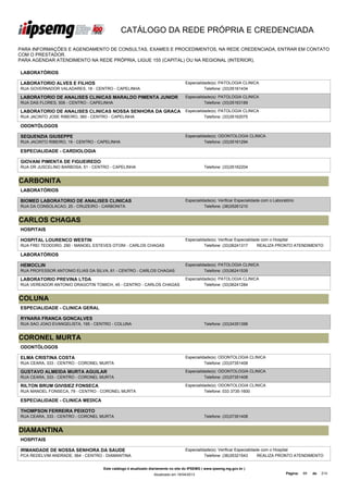 CATÁLOGO DA REDE PRÓPRIA E CREDENCIADA

PARA INFORMAÇÕES E AGENDAMENTO DE CONSULTAS, EXAMES E PROCEDIMENTOS, NA REDE CREDENCIADA, ENTRAR EM CONTATO
COM O PRESTADOR.
PARA AGENDAR ATENDIMENTO NA REDE PRÓPRIA, LIGUE 155 (CAPITAL) OU NA REGIONAL (INTERIOR).

LABORATÓRIOS

LABORATORIO ALVES E FILHOS                                                        Especialidade(s): PATOLOGIA CLINICA
RUA GOVERNADOR VALADARES, 18 - CENTRO - CAPELINHA                                           Telefone: (33)35161434

LABORATORIO DE ANALISES CLINICAS MARALDO PIMENTA JUNIOR                           Especialidade(s): PATOLOGIA CLINICA
LTDA
RUA DAS FLORES, 506 - CENTRO - CAPELINHA                                                    Telefone: (33)35163189

LABORATORIO DE ANALISES CLINICAS NOSSA SENHORA DA GRACA                           Especialidade(s): PATOLOGIA CLINICA
LTDA
RUA JACINTO JOSE RIBEIRO, 360 - CENTRO - CAPELINHA                                          Telefone: (33)35162075

ODONTÓLOGOS

SEQUENZIA GIUSEPPE                                                                Especialidade(s): ODONTOLOGIA CLINICA
RUA JACINTO RIBEIRO, 19 - CENTRO - CAPELINHA                                                Telefone: (33)35161294

ESPECIALIDADE - CARDIOLOGIA

GIOVANI PIMENTA DE FIGUEIREDO
RUA DR JUSCELINO BARBOSA, 51 - CENTRO - CAPELINHA                                            Telefone: (33)35162204


CARBONITA
LABORATÓRIOS

BIOMED LABORATORIO DE ANALISES CLINICAS                                           Especialidade(s): Verificar Especialidade com o Laboratório
RUA DA CONSOLACAO, 25 - CRUZEIRO - CARBONITA                                                Telefone: (38)35261210


CARLOS CHAGAS
HOSPITAIS

HOSPITAL LOURENCO WESTIN                                                          Especialidade(s): Verificar Especialidade com o Hospital
RUA FREI TEODORO, 290 - MANOEL ESTEVES OTONI - CARLOS CHAGAS                                Telefone: (33)36241317        REALIZA PRONTO ATENDIMENTO

LABORATÓRIOS

HEMOCLIN                                                                          Especialidade(s): PATOLOGIA CLINICA
RUA PROFESSOR ANTONIO ELIAS DA SILVA, 61 - CENTRO - CARLOS CHAGAS                           Telefone: (33)36241539

LABORATORIO PREVINA LTDA                                                          Especialidade(s): PATOLOGIA CLINICA
RUA VEREADOR ANTONIO DRAGOTIN TOMICH, 45 - CENTRO - CARLOS CHAGAS                           Telefone: (33)36241284


COLUNA
ESPECIALIDADE - CLINICA GERAL

RYNARA FRANCA GONCALVES
RUA SAO JOAO EVANGELISTA, 195 - CENTRO - COLUNA                                              Telefone: (33)34351398


CORONEL MURTA
ODONTÓLOGOS

ELMA CRISTINA COSTA                                                               Especialidade(s): ODONTOLOGIA CLINICA
RUA CEARA, 333 - CENTRO - CORONEL MURTA                                                     Telefone: (33)37351408

GUSTAVO ALMEIDA MURTA AGUILAR                                                     Especialidade(s): ODONTOLOGIA CLINICA
RUA CEARA, 333 - CENTRO - CORONEL MURTA                                                     Telefone: (33)37351408

RILTON BRUM GIVISIEZ FONSECA                                                      Especialidade(s): ODONTOLOGIA CLINICA
RUA MANOEL FONSECA, 79 - CENTRO - CORONEL MURTA                                             Telefone: 033 3735-1600

ESPECIALIDADE - CLINICA MEDICA

THOMPSON FERREIRA PEIXOTO
RUA CEARA, 333 - CENTRO - CORONEL MURTA                                                      Telefone: (33)37351408


DIAMANTINA
HOSPITAIS

IRMANDADE DE NOSSA SENHORA DA SAUDE                                               Especialidade(s): Verificar Especialidade com o Hospital
PCA REDELVIM ANDRADE, 564 - CENTRO - DIAMANTINA                                             Telefone: (38)35321543        REALIZA PRONTO ATENDIMENTO


                                    Este catálogo é atualizado diariamente no site do IPSEMG ( www.ipsemg.mg.gov.br )
                                                                Atualizado em 16/04/2013                                                Página:   89   de   214
 