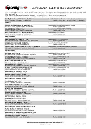 CATÁLOGO DA REDE PRÓPRIA E CREDENCIADA

PARA INFORMAÇÕES E AGENDAMENTO DE CONSULTAS, EXAMES E PROCEDIMENTOS, NA REDE CREDENCIADA, ENTRAR EM CONTATO
COM O PRESTADOR.
PARA AGENDAR ATENDIMENTO NA REDE PRÓPRIA, LIGUE 155 (CAPITAL) OU NA REGIONAL (INTERIOR).

SANTA CASA DE CARIDADE DE DIAMANTINA                                               Especialidade(s): Verificar Especialidade com o Hospital
RUA DA CARIDADE, 106 - CENTRO - DIAMANTINA                                                   Telefone: (38)35321300        REALIZA PRONTO ATENDIMENTO

CLÍNICAS

DIAMANTIMAGEM CLINICA DE IMAGEM LTDA                                               Especialidade(s): Verificar Especialidade com a Clínica
RUA PAULA VIEIRA, 638 - PRESIDENTE - DIAMANTINA                                              Telefone: (38)35312499

IDEAL MEDICINA DIAGNOSTICA                                                         Especialidade(s): RESSONANCIA MAGNETICA
RUA DA CARIDADE, 106 A - CENTRO - DIAMANTINA                                                 Telefone: 038 3531-2697

NUCLEO DE FISIOTERAPIA MARINA REIS LTDA                                            Especialidade(s): FISIOTERAPIA
RUA DA CARIDADE, 415 - CENTRO - DIAMANTINA                                                   Telefone: (38)35313246

LABORATÓRIOS

LABORATORIO EMILIO AVELAR LTDA                                                     Especialidade(s): PATOLOGIA CLINICA
RUA DAS MONTEIRAS, 56 A - LARGO DOM JOAO - DIAMANTINA                                        Telefone: (38)35311084

LABORATORIO OSWALDO CRUZ LTDA                                                      Especialidade(s): PATOLOGIA CLINICA
RUA DO CARMO, 138 - CENTRO - DIAMANTINA                                                      Telefone: (38)35312276

THIAGO HUGO - LABORATORIO DE CITOPATOLOGIA LTDA.                                   Especialidade(s): Verificar Especialidade com o Laboratório
PCA REDELVIM ANDRADE, 577 - CENTRO - DIAMANTINA                                              Telefone: (38)35312002

ODONTÓLOGOS

ALTAIR BORGES COSTA                                                                Especialidade(s): ODONTOLOGIA CLINICA
RUA AUGUSTO NELSON, 84 SL/107 - CENTRO - DIAMANTINA                                          Telefone: (38)35314086

CYNTHIA COUTO PIMENTA FONSECA                                                      Especialidade(s): ODONTOLOGIA CLINICA
RUA MACAU DO MEIO, 158 SL/05 - CENTRO - DIAMANTINA                                           Telefone: (38)35313248

KARLA CRISTINA DE MATTOS REIS                                                      Especialidade(s): ODONTOPEDIATRIA
BEC JOAO PINTO, 137 - CENTRO - DIAMANTINA                                                    Telefone: (38)35312855

LUCIANA FREIRE FERREIRA                                                            Especialidade(s): ODONTOLOGIA CLINICA
RUA AUGUSTO NELSON, 84 SL/107 - CENTRO - DIAMANTINA                                          Telefone: (38)35314086

MARCIO ALEXANDRE FERREIRA DE AGUIAR                                                Especialidade(s): ODONTOLOGIA CLINICA
RUA DO AMPARO, 161 - CENTRO - DIAMANTINA                                                     Telefone: (38) 3531-6690

ESPECIALIDADE - CIRURGIA GERAL

MIGUEL PONTES CORREIA NEVES
RUA DA CARIDADE, 106 - CENTRO - DIAMANTINA                                                    Telefone: (38)35321500

ESPECIALIDADE - CLINICA GERAL

ANTONIO EDVALDO SILVA
RUA DA CARIDADE, 119 - CENTRO - DIAMANTINA                                                    Telefone: (38)35321300

LUIZ GERALDO PIMENTA DE ARAUJO
PCA REDELVIM ANDRADE, 564 - CENTRO - DIAMANTINA                                               Telefone: (38)35321727

MANOEL MACRINO PIMENTA
PCA REDELVIM ANDRADE, 564 - CENTRO - DIAMANTINA                                               Telefone: (38)35321500

MIGUEL PONTES CORREIA NEVES
RUA DA CARIDADE, 106 - CENTRO - DIAMANTINA                                                    Telefone: (38)35321500

ESPECIALIDADE - CLINICA MEDICA

EWERTON ANTONIO FERNANDES
BEC JOAO PINTO, 137 - CENTRO - DIAMANTINA                                                     Telefone: (38)35311682

HUGO LEONARDO MIRANDA COELHO
RUA DA CARIDADE, 106 - CENTRO - DIAMANTINA                                                    Telefone: (38)35321 3103

ESPECIALIDADE - GINECOLOGIA E OBSTETRICIA

MARIA ZILMAR DE MEDEIROS QUIRINO
PCA REDELVIN ANDRADE, 564 - CENTRO - DIAMANTINA                                               Telefone: (38)3532-1500

ESPECIALIDADE - ORTOPEDIA E TRAUMATOLOGIA

ARCHIMEDES CARNEIRO FONSECA
RUA NACOES UNIDAS, 77 - centro - DIAMANTINA                                                   Telefone: (38)35314295




                                     Este catálogo é atualizado diariamente no site do IPSEMG ( www.ipsemg.mg.gov.br )
                                                                 Atualizado em 16/04/2013                                                    Página:   90   de   214
 