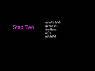 Step Two
สอนจริง ใช้จริง
สนทนา จริง
ประเมินผล
แก้ไข
กลับไปใช้
 