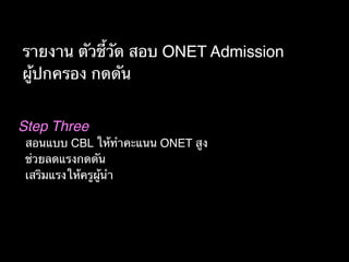Step Three
สอนแบบ CBL ให้ทำคะแนน ONET สูง
ช่วยลดแรงกดดัน
เสริมแรงให้ครูผู้นำ
รายงาน ตัวชี้วัด สอบ ONET Admission
ผู้ปกครอง กดดัน
 