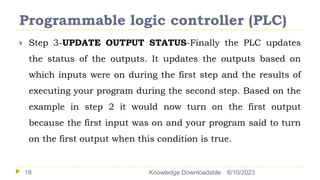 Programmable logic controller (PLC)
6/10/2023
Knowledge Downloadable
18
 Step 3-UPDATE OUTPUT STATUS-Finally the PLC updates
the status of the outputs. It updates the outputs based on
which inputs were on during the first step and the results of
executing your program during the second step. Based on the
example in step 2 it would now turn on the first output
because the first input was on and your program said to turn
on the first output when this condition is true.
 