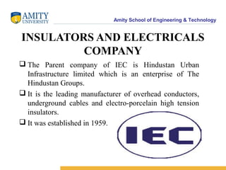 Amity School of Engineering & Technology
INSULATORS AND ELECTRICALS
COMPANY
 The Parent company of IEC is Hindustan Urban
Infrastructure limited which is an enterprise of The
Hindustan Groups.
 It is the leading manufacturer of overhead conductors,
underground cables and electro-porcelain high tension
insulators.
 It was established in 1959.
 