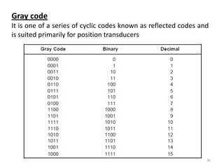 Gray code
It is one of a series of cyclic codes known as reflected codes and
is suited primarily for position transducers




                                                                 36
 