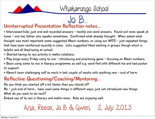 Jo B...Uninterrupted Presentation Reflection notes...
• Interviewed kids; just oral and recorded answers - mostly one word answers. Found out none speak at
home - one has father who speaks sometimes. Confirmed what already thought. When asked what
thought was most important some suggested Maori numbers, or using our WITS - just repeated things
that have been reinforced recently in class. Lots suggested liked working in groups though which is
helpful and all liked being at school.
• Started having te reo activity in maths rotations.
• Play bingo every Friday using te reo - introducing and practicing game - focusing on Maori numbers.
• Been using some te reo in literacy programme as well e.g. word find with different kai and had poster
to support.
• Haven’t been challenging self as much in last couple of weeks with anything new - end of term.
Whakarongo School
Ana, Reece, Jo B & Gwen: 2 July 2013
Reflective Questioning/Coaching/Mentoring...
Do you think you started off a bit faster than you should of?
No - just end of term... have used same things in different ways; just not introduced new things.
What do you want to do next?
Embed use of te reo in literacy and maths more. Kids are enjoying well.
Monday, 8 July 2013
 
