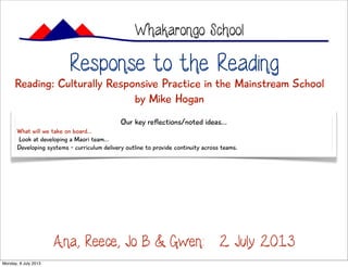 Whakarongo School
Our key reflections/noted ideas...
What will we take on board...
Look at developing a Maori team...
Developing systems - curriculum delivery outline to provide continuity across teams.
Reading: Culturally Responsive Practice in the Mainstream School
by Mike Hogan
Response to the Reading
Ana, Reece, Jo B & Gwen: 2 July 2013
Monday, 8 July 2013
 
