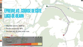 -Montée sèche, 500-m.
-Pente moyenne 10%.
-Arrivée sur du plat avec vue.
EPREUVE#2,COURSEDECÔTE
LUCQ-DE-BÉARN
 