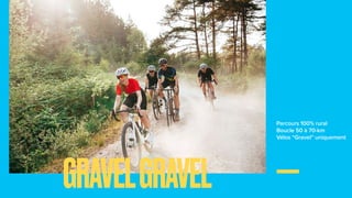 Parcours 100% rural
Boucle 50 à 70-km
Vélos “Gravel” uniquement
GRAVELGRAVEL
 