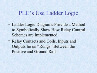 PLC’s Use Ladder Logic
• Ladder Logic Diagrams Provide a Method
to Symbolically Show How Relay Control
Schemes are Implemented
• Relay Contacts and Coils, Inputs and
Outputs lie on “Rungs” Between the
Positive and Ground Rails
 