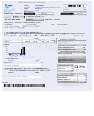 LECTURAS
Descripción Actual Anterior Consumo Unid. Valores
Eng. Activa 22663.00 21661.00 1002 kWh 99.91
Factura No. 073-002-009362990
No Autorización 1211202201096859902000120730020093629901046348211
Fecha de autorización
2022/NOV/12
No. de Control:
Valor a pagar:
463482
159,19
2022/NOV/24
INFORMACIÓN DEL CONSUMIDOR
463482 DIAZ TORRES HECTOR MANUEL
Código Único Eléctrico Nacional: Cédula / R.U.C.: 0700321607
Dirección servicio: BUENAVISTA / AV.MARCEL LANIADO DE WIND
Dirección notificación: BUENAVISTA
Plan/Geocódigo:
Provincia - Cantón - Parroquia:
Tarifa: CO COMERCIAL BT
0700463482
1.2 OTROS PAGOS SERVICIO ELÉCTRICO Y SAPG
Medidor: 3111111628
Factor de multiplicación: 1.000 Constante: 0,00
Desde: 6-Oct-22 Hasta: 5-Nov-22 Días Facturados: 30 Tipo Consumo: Leido
2. VALORES PENDIENTES
CONCEPTO VALOR
Planillas anteriores 0.00
TOTAL
Servicio Eléctrico-Alumbrado Público (1) 118.07
Valores Pendientes (2) 0.00
Recaudación Terceros SE (3) 0.00
TOTAL SECTOR ELECTRICO (A) (1+2+3) 118.07
CREDITO GESTION DE COBRO 2.93
Fecha de Emisión: Fecha de Vencimiento:
EL ORO - MACHALA - MACHALA
1,000
Factor Potencia:
Factor Corrección: 1,000
ESTOS VALORES NO FORMAN PARTE DE LOS INGRESOS DE LA EMPRESA ELÉCTRICA
Consumos
SERVICIO DE ALUMBRADO PUBLICO 13.82
SUBTOTAL OTROS: 2.93
SUBTOTAL ALUMBRADO PÚBLICO (AP): 13.82
TOTAL SERVICIO ELÉCTRICO,
SERVICIO ALUMBRADO PÚBLICO Y
OTROS (1): 118.07
TOTAL VALORES PENDIENTES (2): 0.00
07-01-2-55-90630
1. FACTURACIÓN SERVICIO ELÉCTRICO Y ALUMBRADO PÚBLICO
1.1 SERVICIO ELÉCTRICO Y SAPG
CARGO POR COMERCIALIZACION 1.41
CARGO POR ENERGIA 99.91
SUBTOTAL SERVICIO ELÉCTRICO (SE): 101.32
3. RECAUDACIÓN TERCEROS SECTOR ELÉCTRICO (SE)-PLANES FINANCIAMIENTO
CONCEPTO VALOR
RECAUDACIÓN TERCEROS SECTOR ELÉCTRICO (3): 0.00
SUMINISTRO:
SUBSIDIOS DEL GOBIERNO
Cocción y calentamiento 0.00
Tarifa de dignidad 0.00
Total 0.00
Clave acceso
Ambiente PRODUCCION
Emisión NORMAL
1
La presente factura no constituye título traslaticio de dominio, sino
solamente la constancia de recibir un servicio público.
 