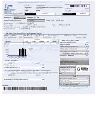 LECTURAS
Descripción Actual Anterior Consumo Unid. Valores
Eng. Activa 7856.00 6868.00 988 kWh 98.46
Factura No. 073-002-009332203
No Autorización 1011202201096859902000120730020093322031413307011
Fecha de autorización
2022/NOV/10
No. de Control:
Valor a pagar:
4133070
137,31
2022/NOV/23
INFORMACIÓN DEL CONSUMIDOR
4133070 FARMAMIA CIA.LTDA.
Código Único Eléctrico Nacional: Cédula / R.U.C.: 0791740150001
Dirección servicio: AV.SIXTO DURAN B. / AV.QUITO
Dirección notificación: AV.SIXTO DURAN B.
Plan/Geocódigo:
Provincia - Cantón - Parroquia:
Tarifa: CO COMERCIAL BT
0704133070
1.2 OTROS PAGOS SERVICIO ELÉCTRICO Y SAPG
Medidor: 1710038307
Factor de multiplicación: 1.000 Constante: 0,00
Desde: 2-Oct-22 Hasta: 2-Nov-22 Días Facturados: 31 Tipo Consumo: Leido
2. VALORES PENDIENTES
CONCEPTO VALOR
Planillas anteriores 0.00
TOTAL
Servicio Eléctrico-Alumbrado Público (1) 115.92
Valores Pendientes (2) 0.00
Recaudación Terceros SE (3) 0.00
TOTAL SECTOR ELECTRICO (A) (1+2+3) 115.92
INTERES VENTA DE ENERGIA 0.03
Fecha de Emisión: Fecha de Vencimiento:
EL ORO - SANTA ROSA - SANTA ROSA
1,000
Factor Potencia:
Factor Corrección: 1,000
ESTOS VALORES NO FORMAN PARTE DE LOS INGRESOS DE LA EMPRESA ELÉCTRICA
Consumos
SERVICIO DE ALUMBRADO PUBLICO 16.02
SUBTOTAL OTROS: 0.03
SUBTOTAL ALUMBRADO PÚBLICO (AP): 16.02
TOTAL SERVICIO ELÉCTRICO,
SERVICIO ALUMBRADO PÚBLICO Y
OTROS (1): 115.92
TOTAL VALORES PENDIENTES (2): 0.00
07-12-2-5-470800
1. FACTURACIÓN SERVICIO ELÉCTRICO Y ALUMBRADO PÚBLICO
1.1 SERVICIO ELÉCTRICO Y SAPG
CARGO POR COMERCIALIZACION 1.41
CARGO POR ENERGIA 98.46
SUBTOTAL SERVICIO ELÉCTRICO (SE): 99.87
3. RECAUDACIÓN TERCEROS SECTOR ELÉCTRICO (SE)-PLANES FINANCIAMIENTO
CONCEPTO VALOR
RECAUDACIÓN TERCEROS SECTOR ELÉCTRICO (3): 0.00
SUMINISTRO:
SUBSIDIOS DEL GOBIERNO
Cocción y calentamiento 0.00
Tarifa de dignidad 0.00
Total 0.00
Clave acceso
Ambiente PRODUCCION
Emisión NORMAL
1
La presente factura no constituye título traslaticio de dominio, sino
solamente la constancia de recibir un servicio público.
 