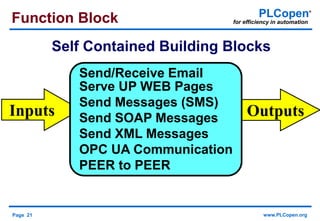 Page 21 www.PLCopen.org
PLCopen®
for efficiency in automationFunction Block
Inputs Outputs
Send/Receive Email
Serve UP WEB Pages
Send Messages (SMS)
Send SOAP Messages
Send XML Messages
OPC UA Communication
PEER to PEER
Self Contained Building Blocks
 