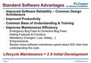 Page 7 www.PLCopen.org
PLCopen®
for efficiency in automationStandard Software Advantages
 Improved Software Reliability – Common Design
Architecture
 Improved Productivity
 Common Base of Understanding & Training
 Improves Maintenance Efficiency
• Emergency Bug Fixes & Corrective Bug Fixes
• Adding Features & Functions
• Mandatory Changes ( Law, Safety,...)
• Enhancements
• Studies show software maintainers spend about 50% their time
understanding the code.
Lifecycle Maintenance = 2 X Initial Development
 