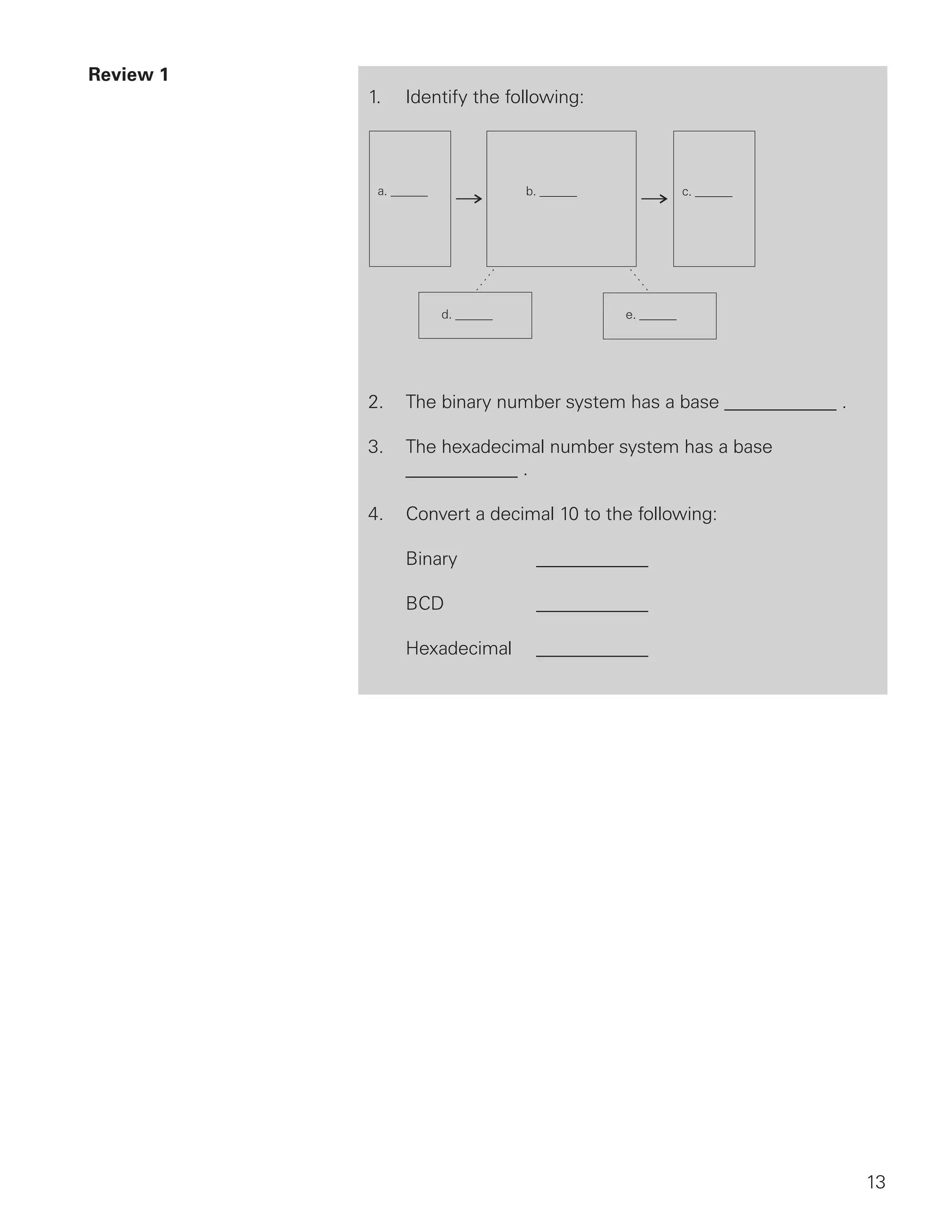 Review 1
           1.   Identify the following:




           2.   The binary number system has a base ____________ .

           3.   The hexadecimal number system has a base
                ____________ .

           4.   Convert a decimal 10 to the following:

                Binary          ____________

                BCD             ____________

                Hexadecimal     ____________




                                                                     13
 