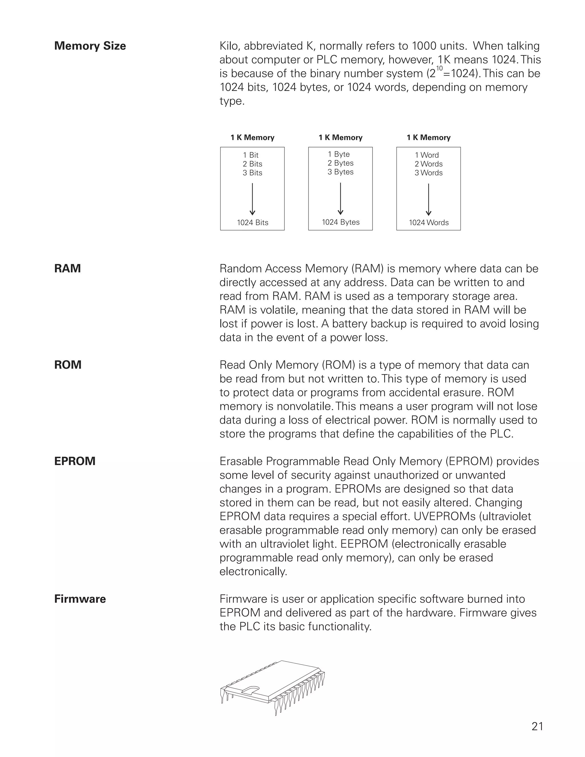 Memory Size   Kilo, abbreviated K, normally refers to 1000 units. When talking
              about computer or PLC memory, however, 1K means 1024. This
                                                          10
              is because of the binary number system (2 =1024). This can be
              1024 bits, 1024 bytes, or 1024 words, depending on memory
              type.




RAM           Random Access Memory (RAM) is memory where data can be
              directly accessed at any address. Data can be written to and
              read from RAM. RAM is used as a temporary storage area.
              RAM is volatile, meaning that the data stored in RAM will be
              lost if power is lost. A battery backup is required to avoid losing
              data in the event of a power loss.

ROM           Read Only Memory (ROM) is a type of memory that data can
              be read from but not written to. This type of memory is used
              to protect data or programs from accidental erasure. ROM
              memory is nonvolatile. This means a user program will not lose
              data during a loss of electrical power. ROM is normally used to
              store the programs that define the capabilities of the PLC.

EPROM         Erasable Programmable Read Only Memory (EPROM) provides
              some level of security against unauthorized or unwanted
              changes in a program. EPROMs are designed so that data
              stored in them can be read, but not easily altered. Changing
              EPROM data requires a special effort. UVEPROMs (ultraviolet
              erasable programmable read only memory) can only be erased
              with an ultraviolet light. EEPROM (electronically erasable
              programmable read only memory), can only be erased
              electronically.

Firmware      Firmware is user or application specific software burned into
              EPROM and delivered as part of the hardware. Firmware gives
              the PLC its basic functionality.




                                                                               21
 